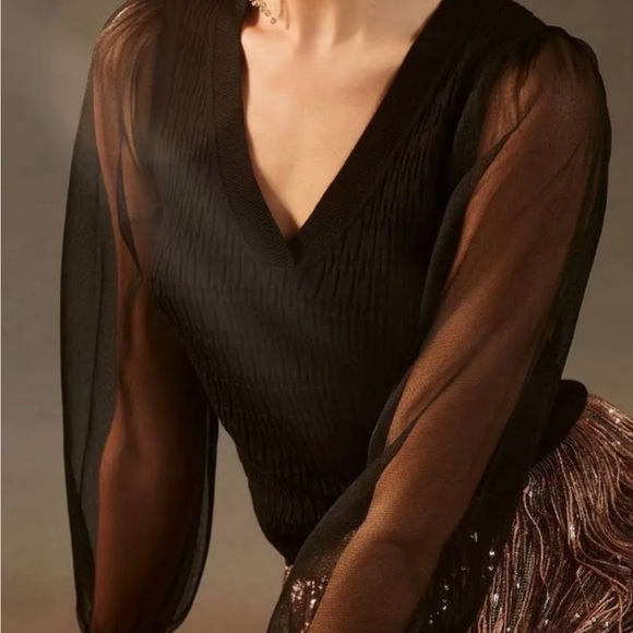 Anthropologie Tops | Maeve Anthropologie Sheer Sleeve Black Top - Picture 3 of 7